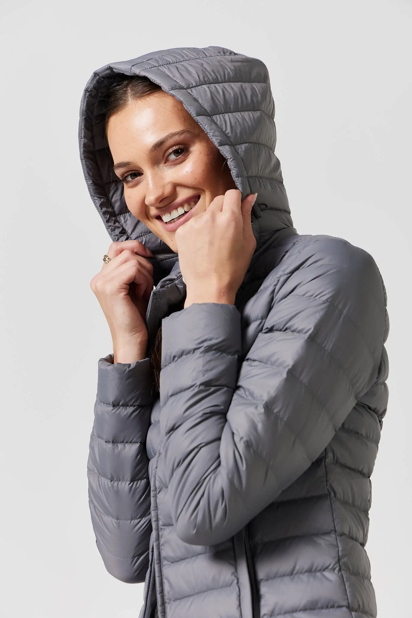 Women's grey puffer jacket with side pockets, lightweight winter jacket for layering, Duck Apparel outerwear South Africa