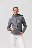 Women's grey puffer jacket with side pockets, lightweight winter jacket for layering, Duck Apparel outerwear South Africa