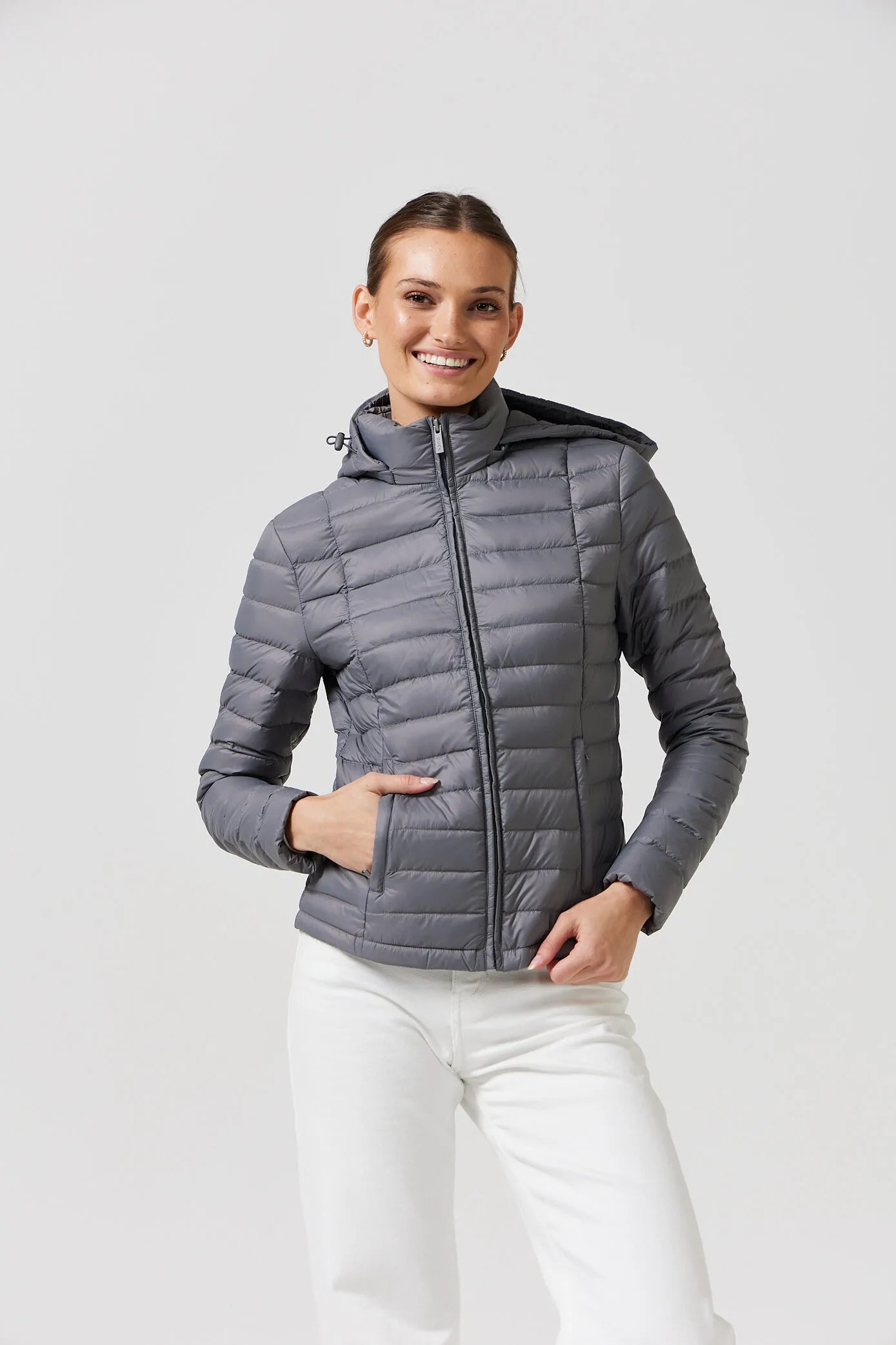 Women's grey puffer jacket with side pockets, lightweight winter jacket for layering, Duck Apparel outerwear South Africa