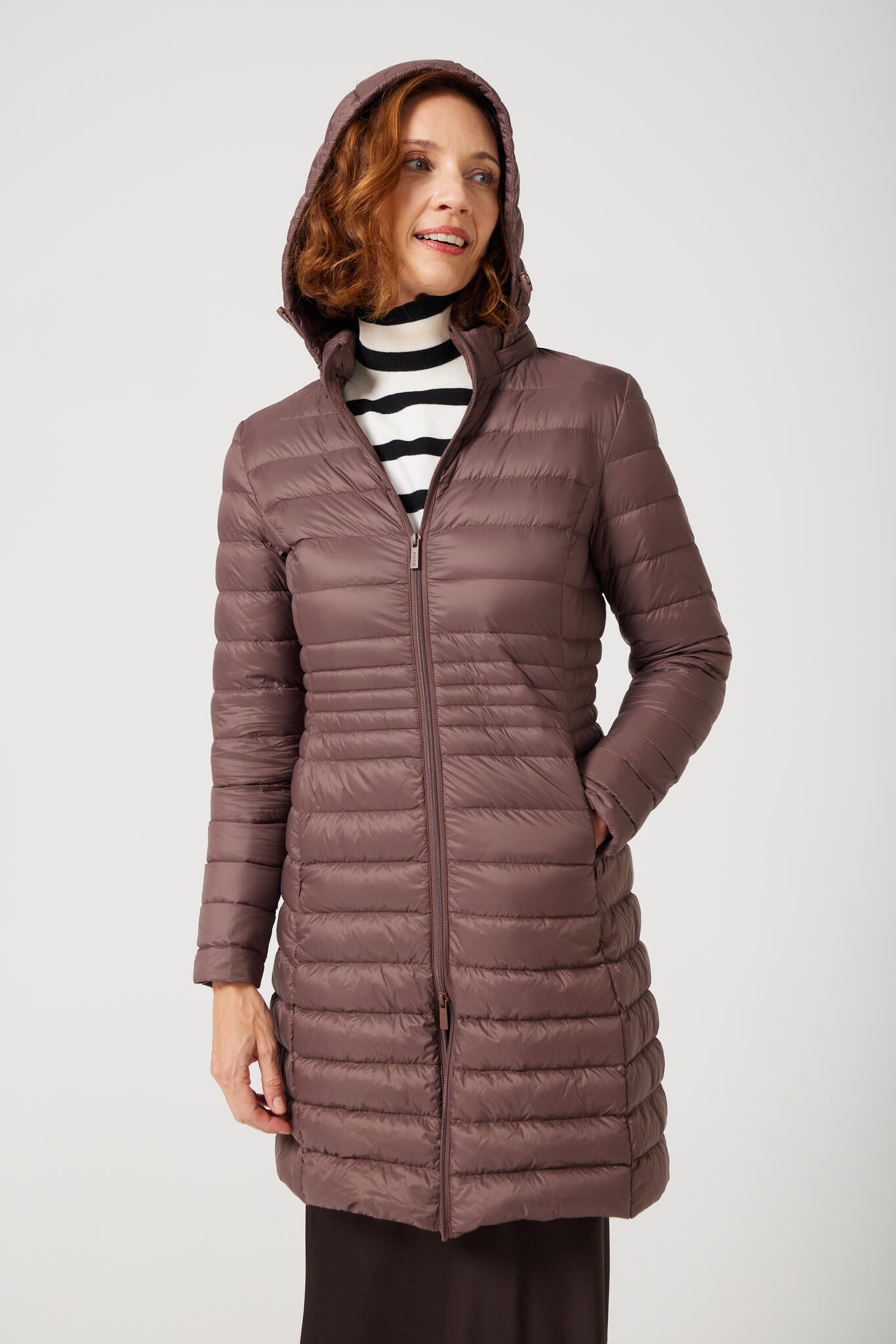 Women’s insulated midi-length hooded parka in espresso brown, designed for warmth and comfort in South Africa’s winter season — Espresso Midi Parka™