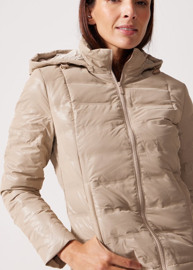Beige Leather Look Duck Down Puffer Jacket - Duck Apparel