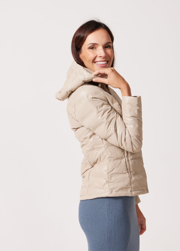 Beige Leather Look Duck Down Puffer Jacket - Duck Apparel
