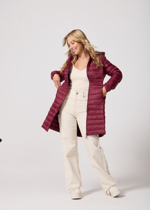 Maroon Duck Down Midi Puffer Coat - Duck Apparel
