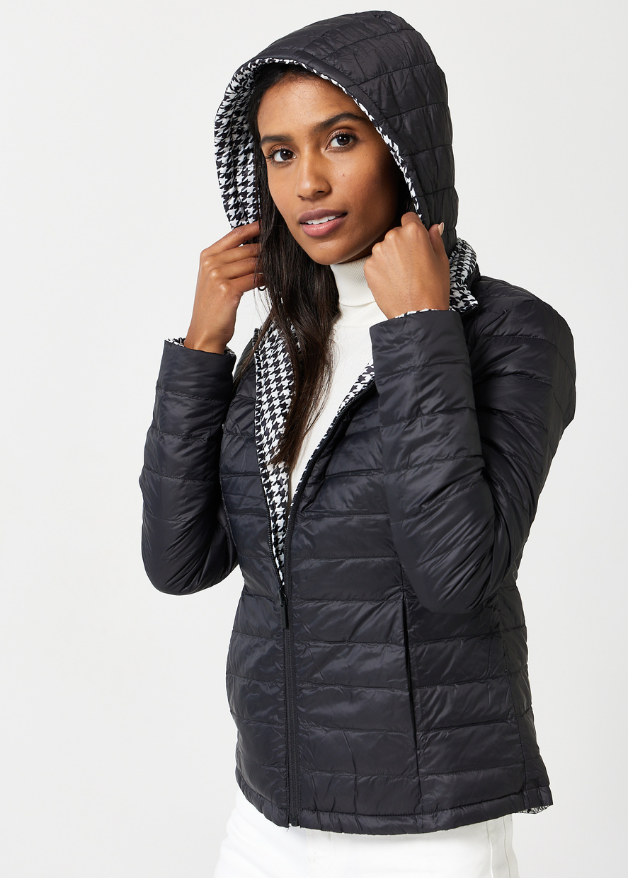 Reversible Black Houndstooth Duck Down Puffer Jacket