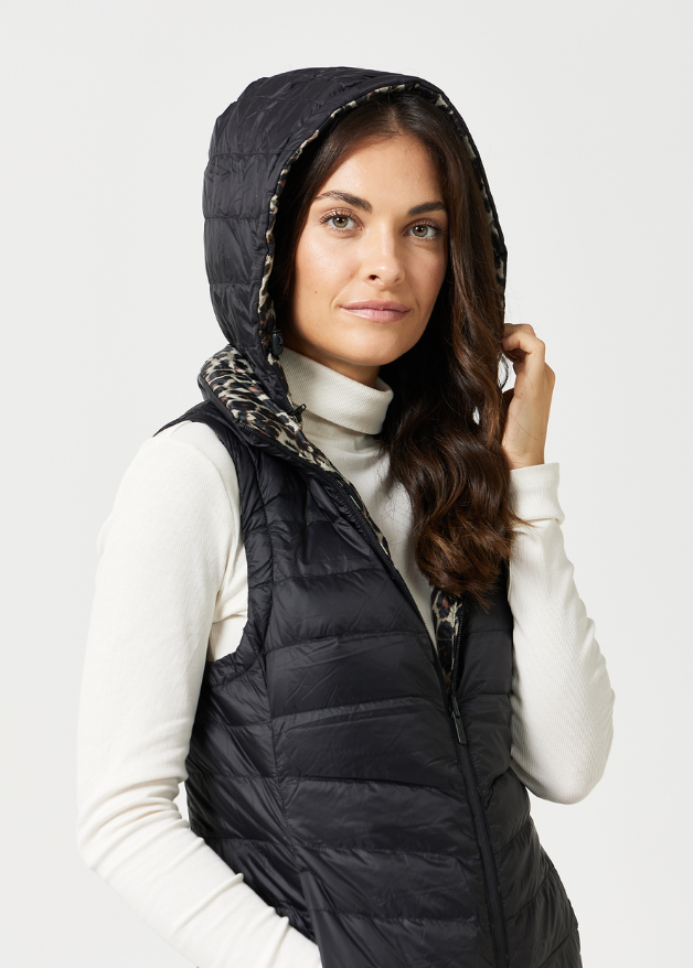 Reversible Classic Leopard Longline Duck Down Puffer Vest Duck Apparel