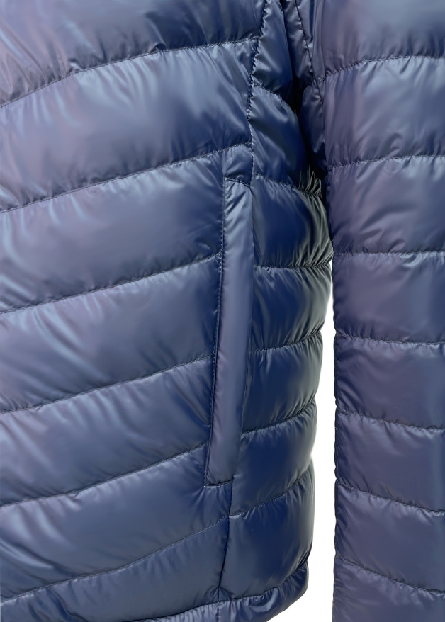 Close up of the pocket of a reversible Black and Navy Mens Duck Down puffer jacket