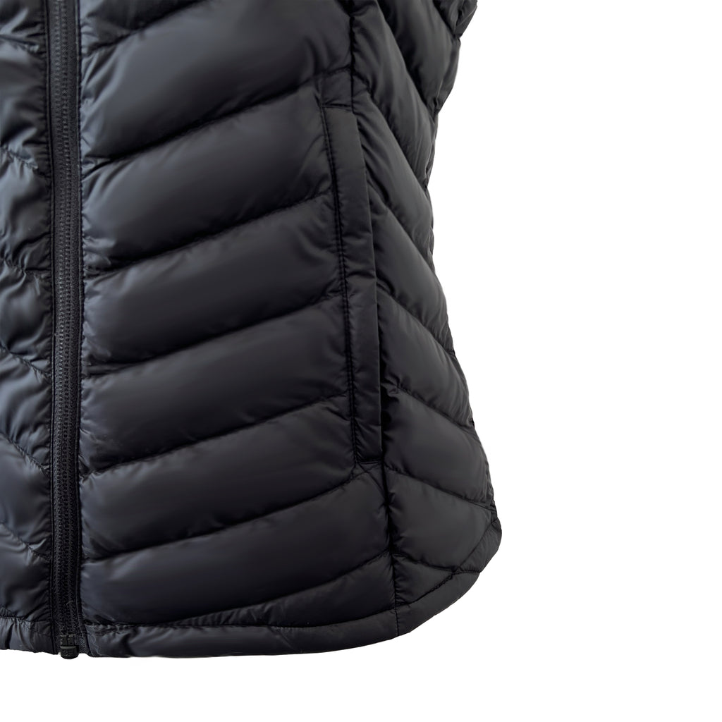 Close up of the pocket of a Black duck down puffer Vest